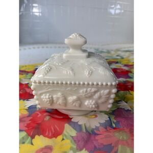 Westmoreland Milk Glass Paneled Grape Square Footed Candy Dish with Lid Vintage